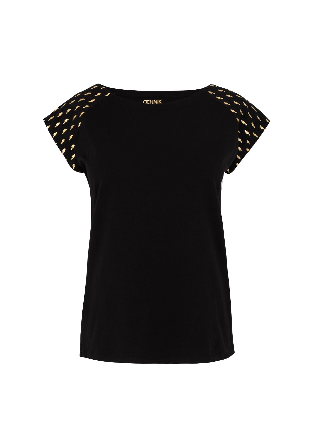 Czarny T-shirt ze złotym nadrukiem damski TSHDT-0060-99(W21)