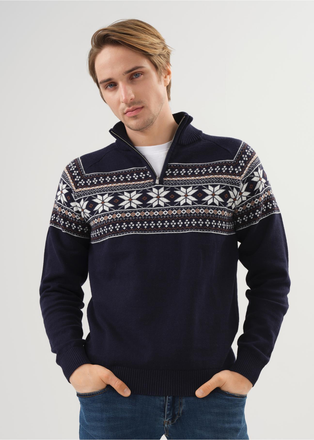 Granatowy sweter męski we wzór norweski SWEMT-0133-69(Z23)