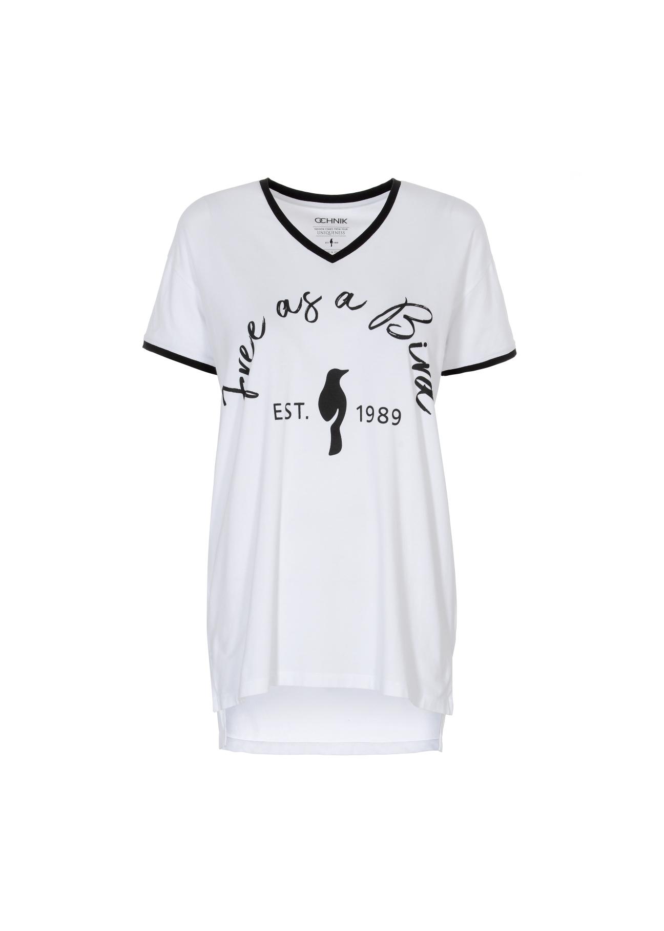 Biały T-shirt z dekoltem V damski TSHDT-0065-11(W21)