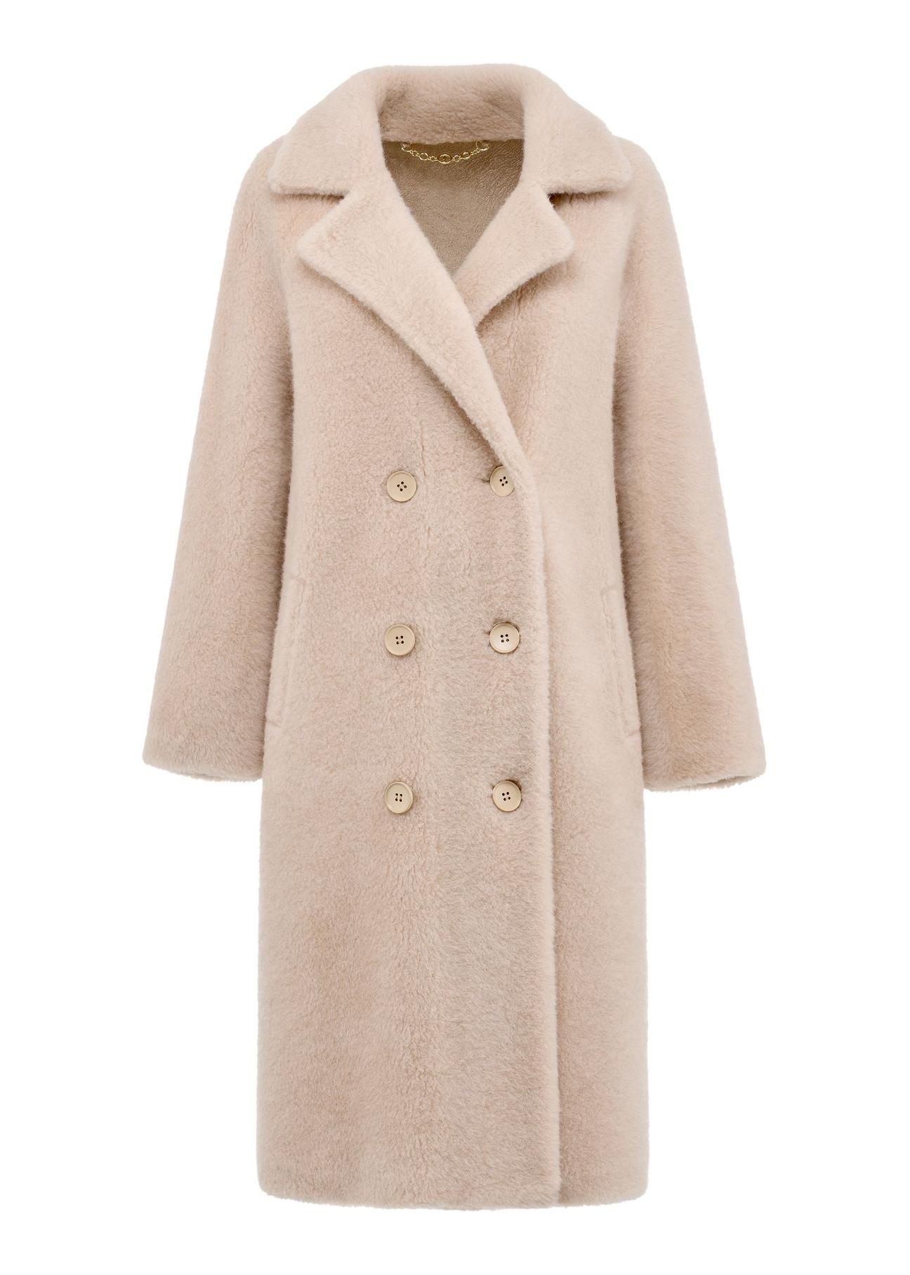 Beige woolen women's fur coat FUTDW-0029-81(Z24)-04