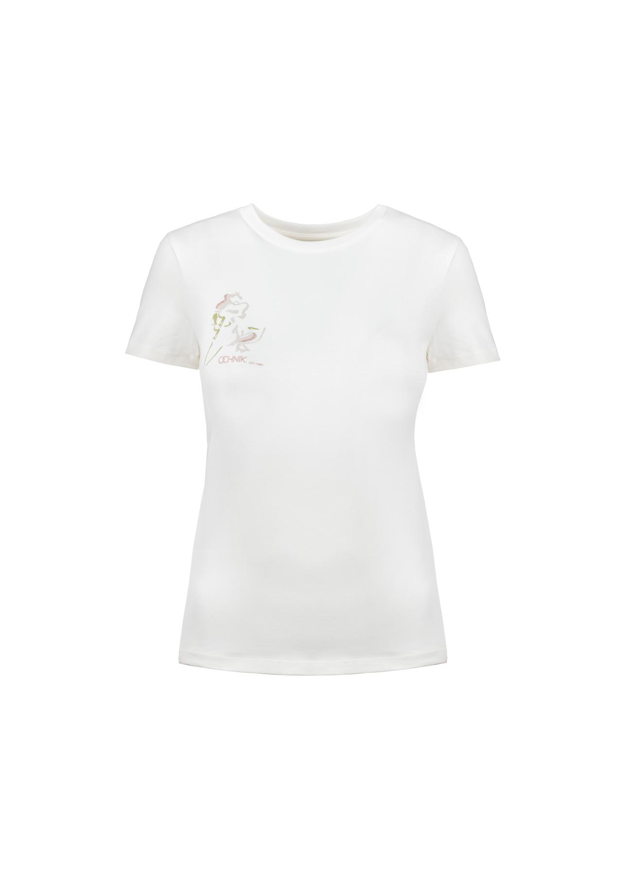Kremowy T-shirt damski z aplikacją TSHDT-0082-11(Z21)-01