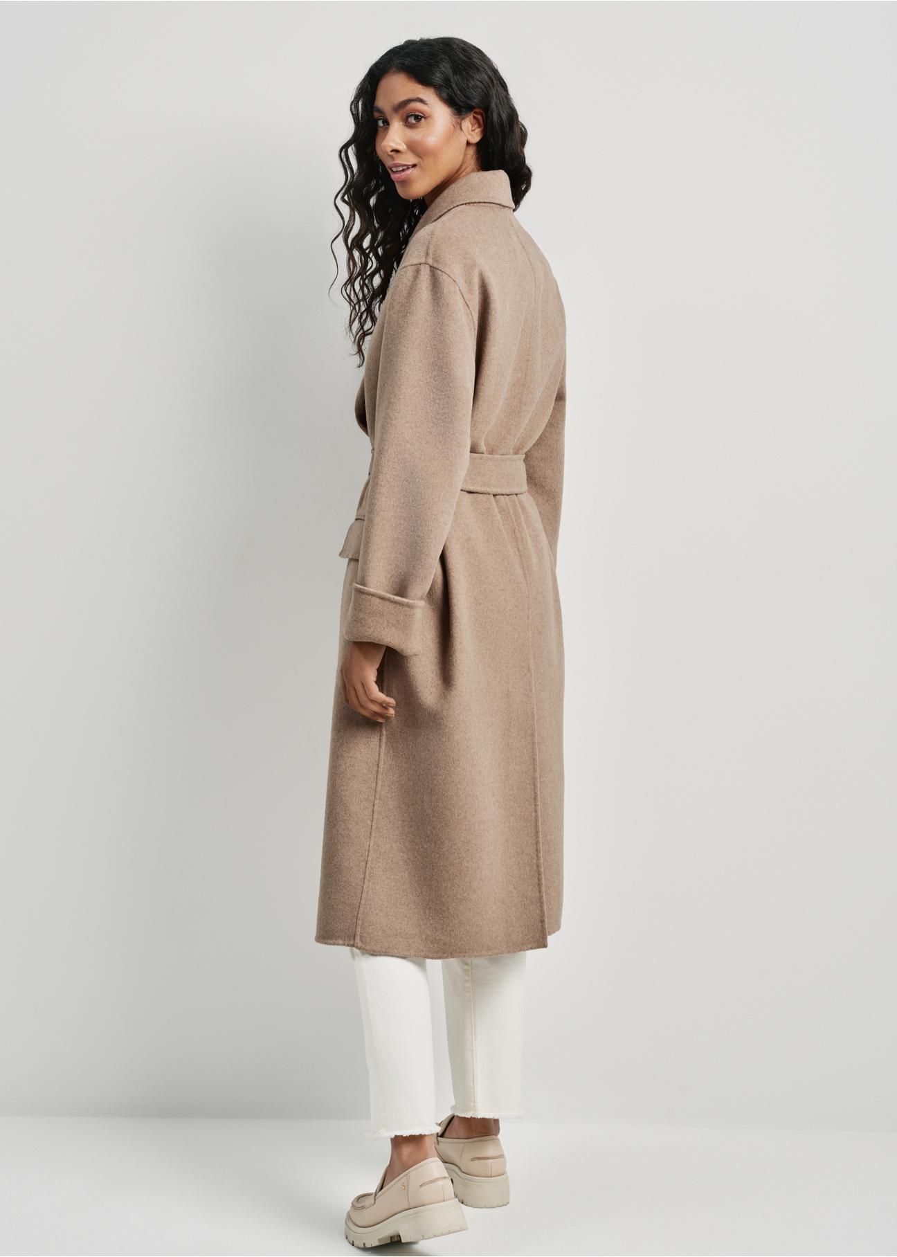 Długi beżowy płaszcz damski z wełny PLADT-0051-82(W24)