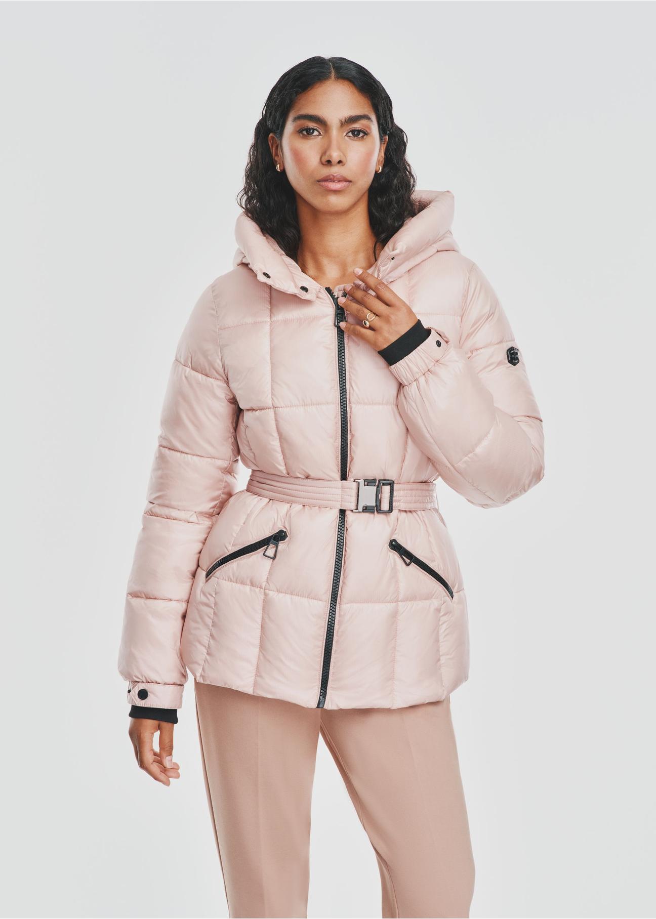 Pink women's quilted jacket with belt KURDT-0539-34(Z24)-02