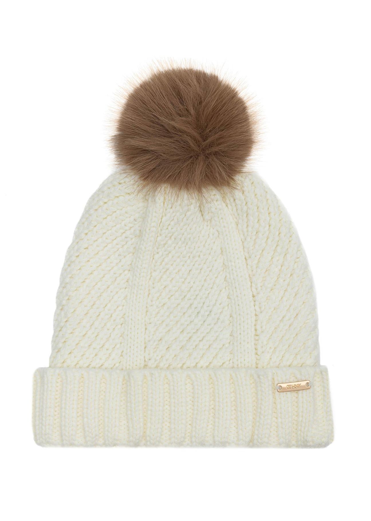 Cream women's hat with a pompom CZADT-0176-16(Z24)-01