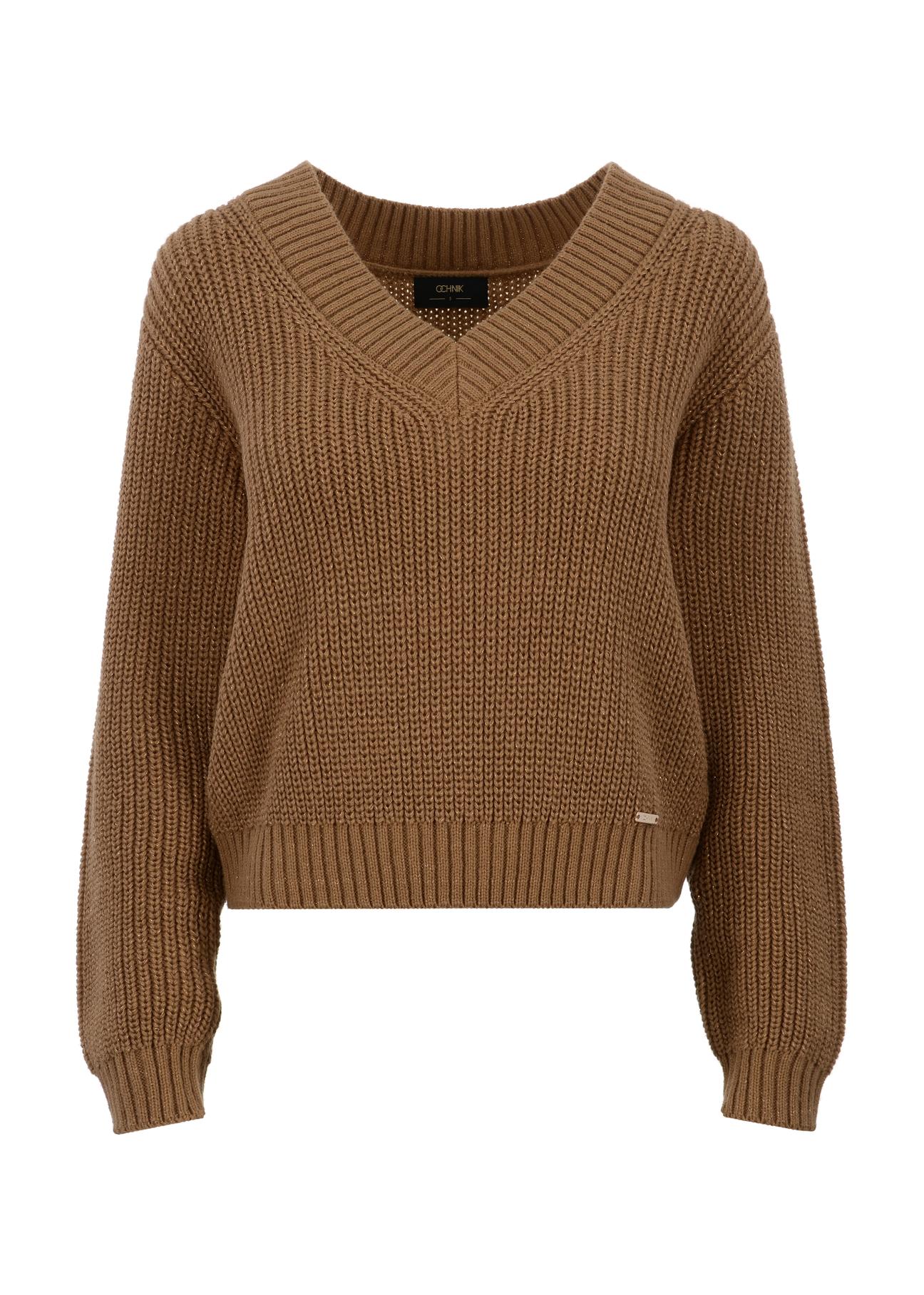 Camelowy sweter dekolt V damski SWEDT-0162-24(Z23)