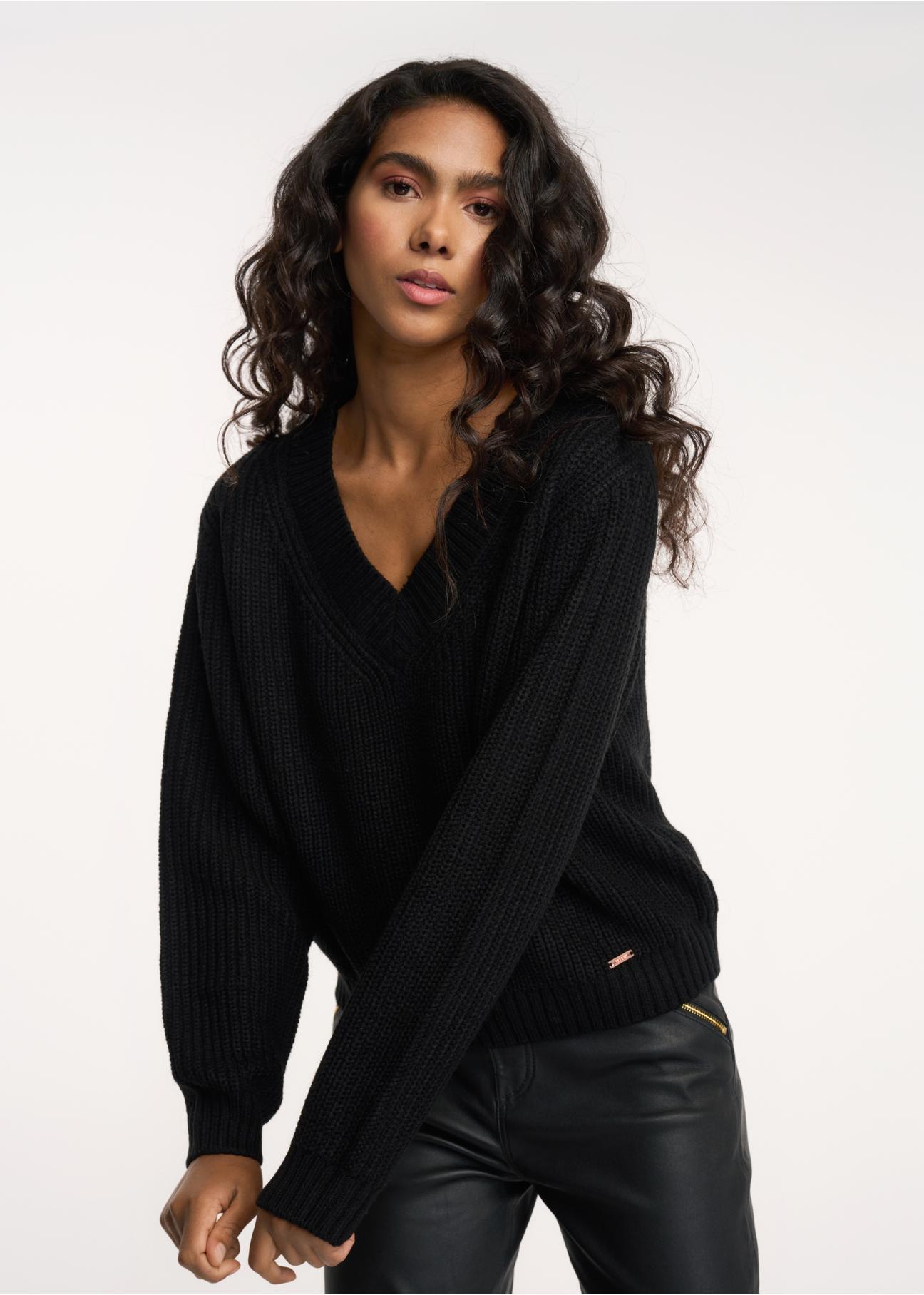 Black women's V-neck sweater SWEDT-0162-99(Z24)-01