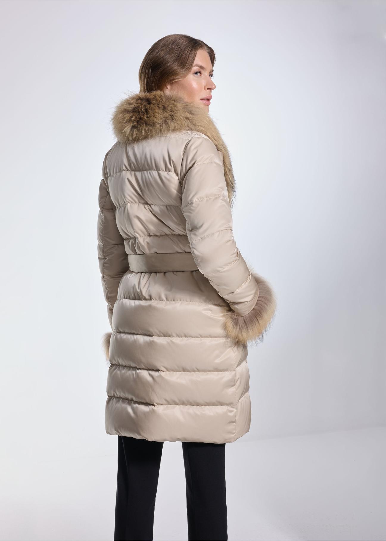 Beige women's winter jacket with trim KURDT-0277-81(Z24)-04