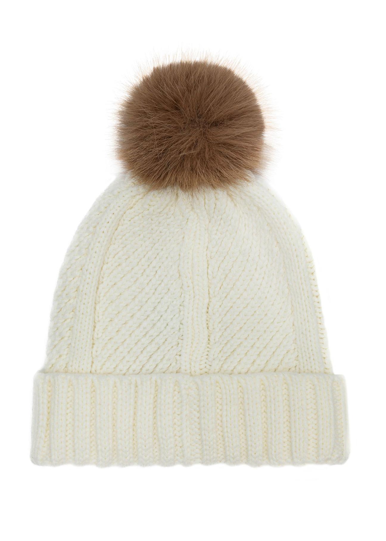 Cream women's hat with a pompom CZADT-0176-16(Z24)-02