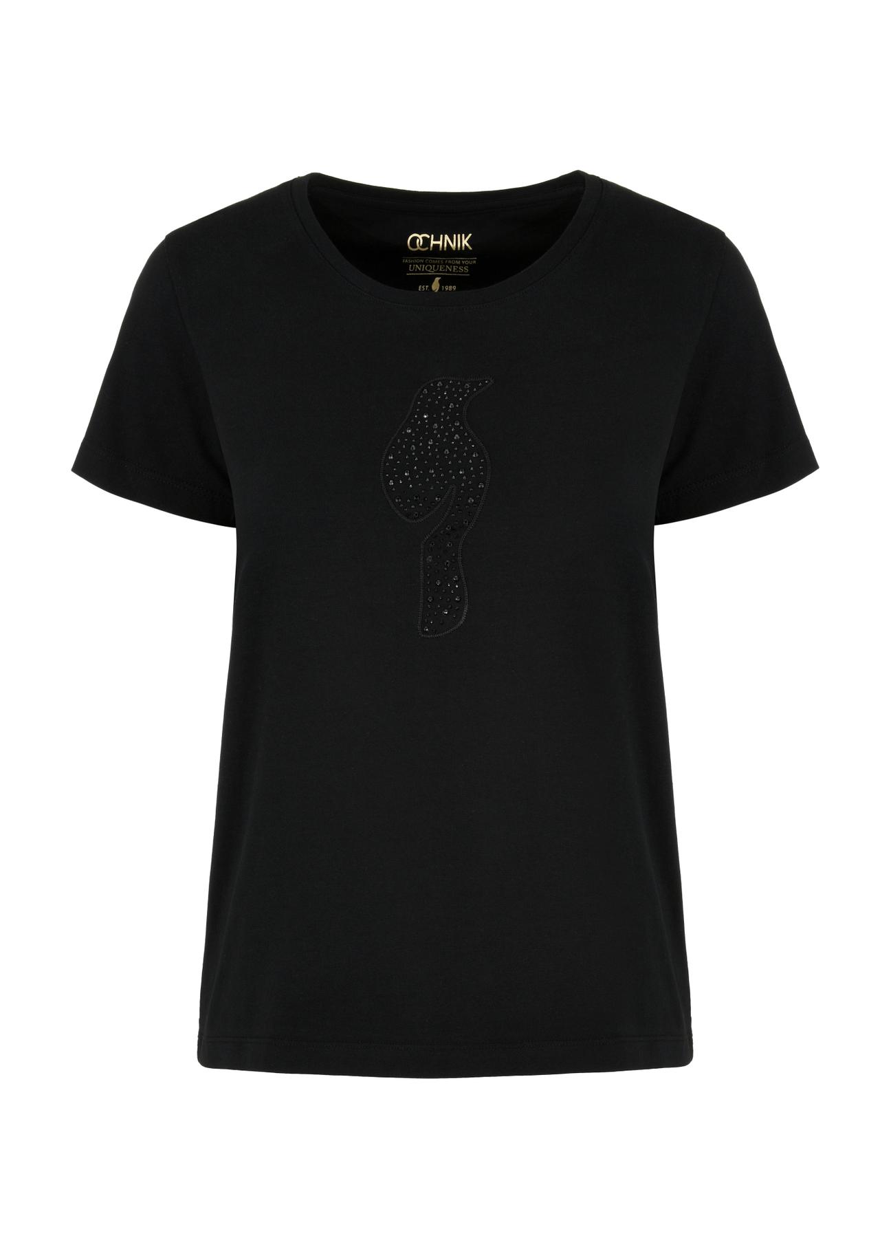 T-shirt damski czarny z ozdobną wilgą TSHDT-0123-99(W24)
