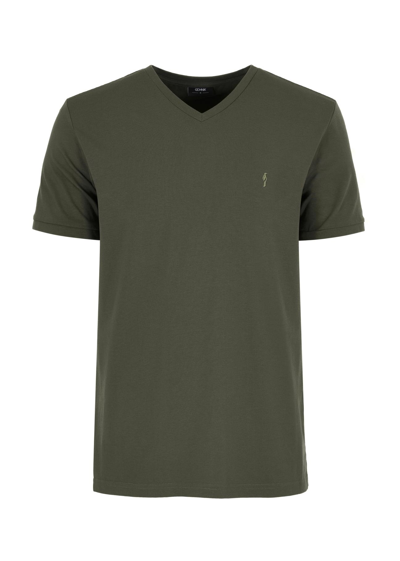 Khaki basic T-shirt męski z logo TSHMT-0088-55(W24)
