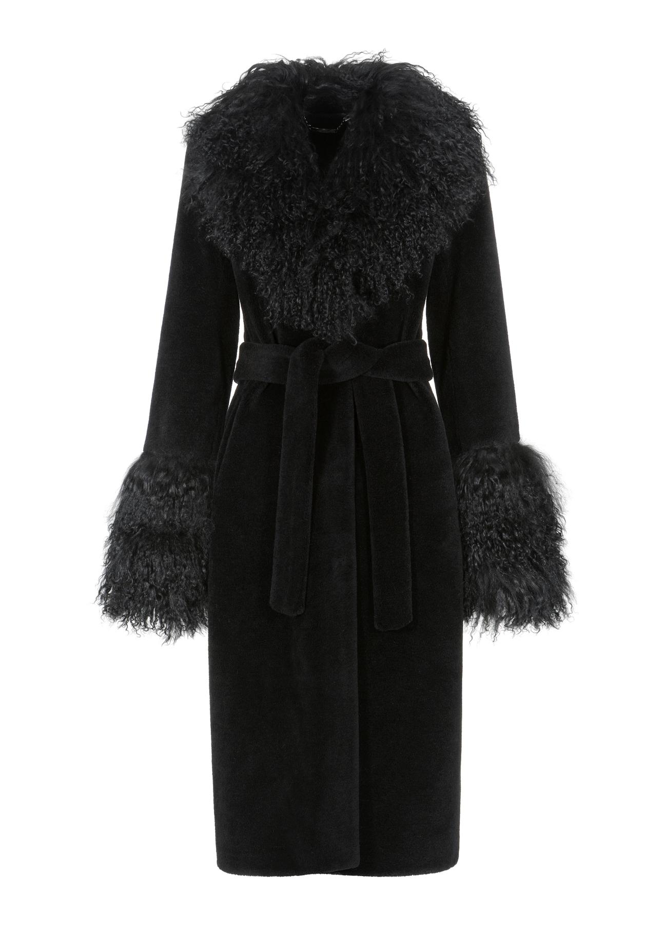 Czarny płaszcz wełniany damski z obszyciami FUTDW-0014-99(Z23)