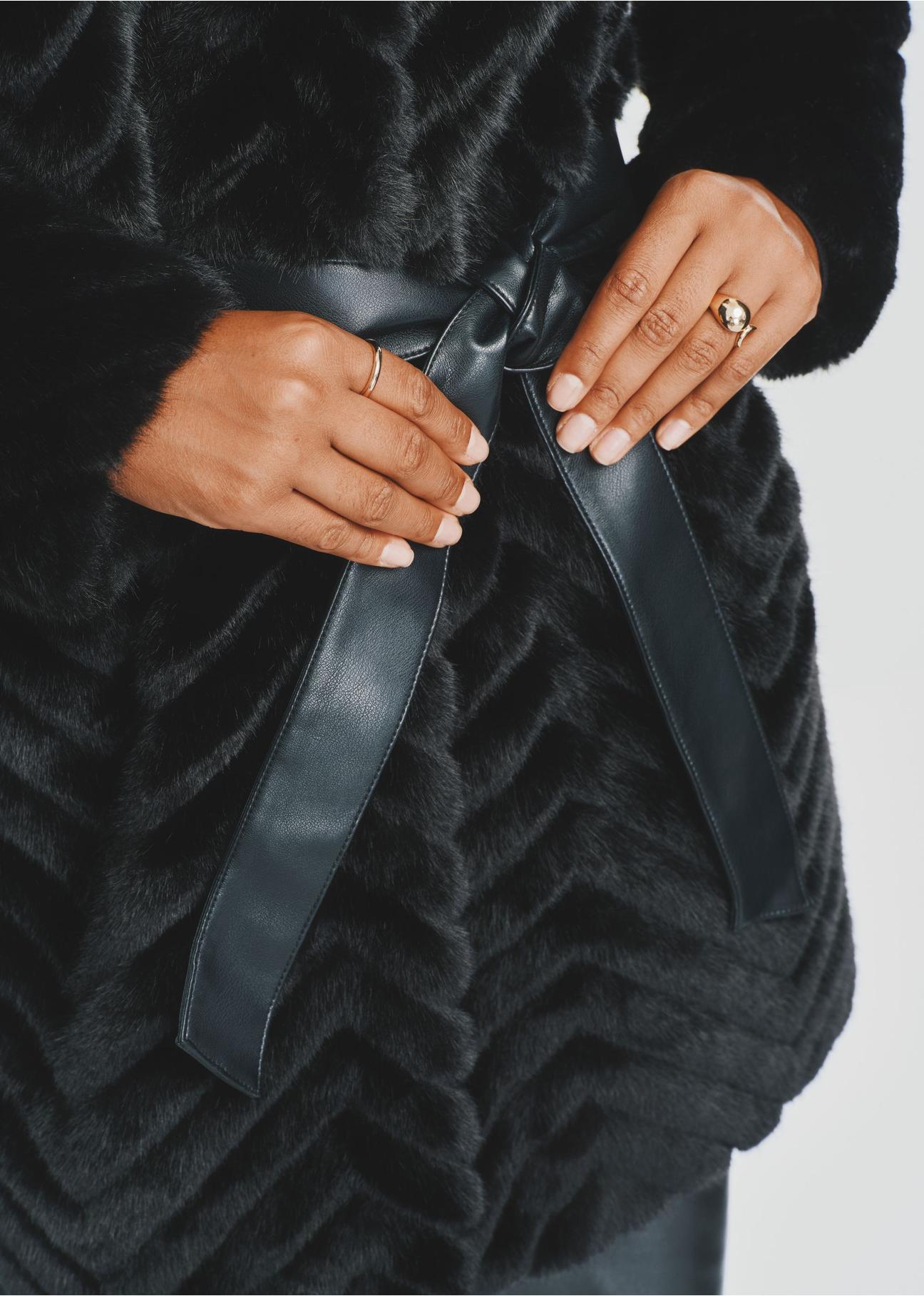 Black women's fur coat with belt  FUTDP-0046-99(Z24)-02