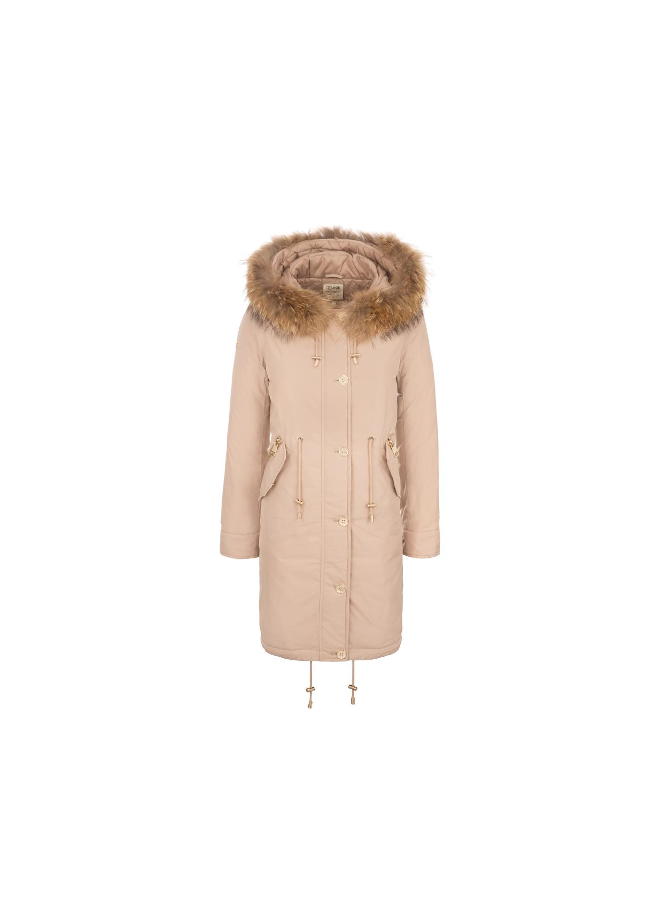Beżowa zimowa kurtka damska z kapturem KURDT-0133-80(Z18)