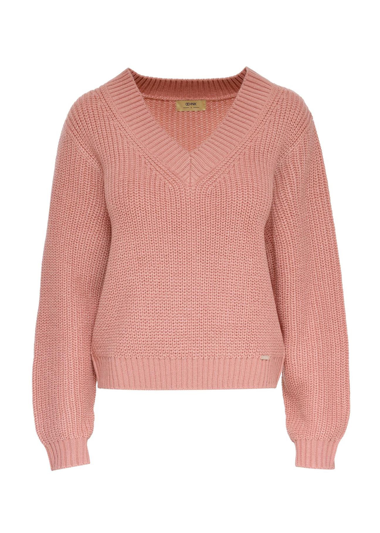 Women's pink V-neck sweater SWEDT-0162-32(Z24)-01