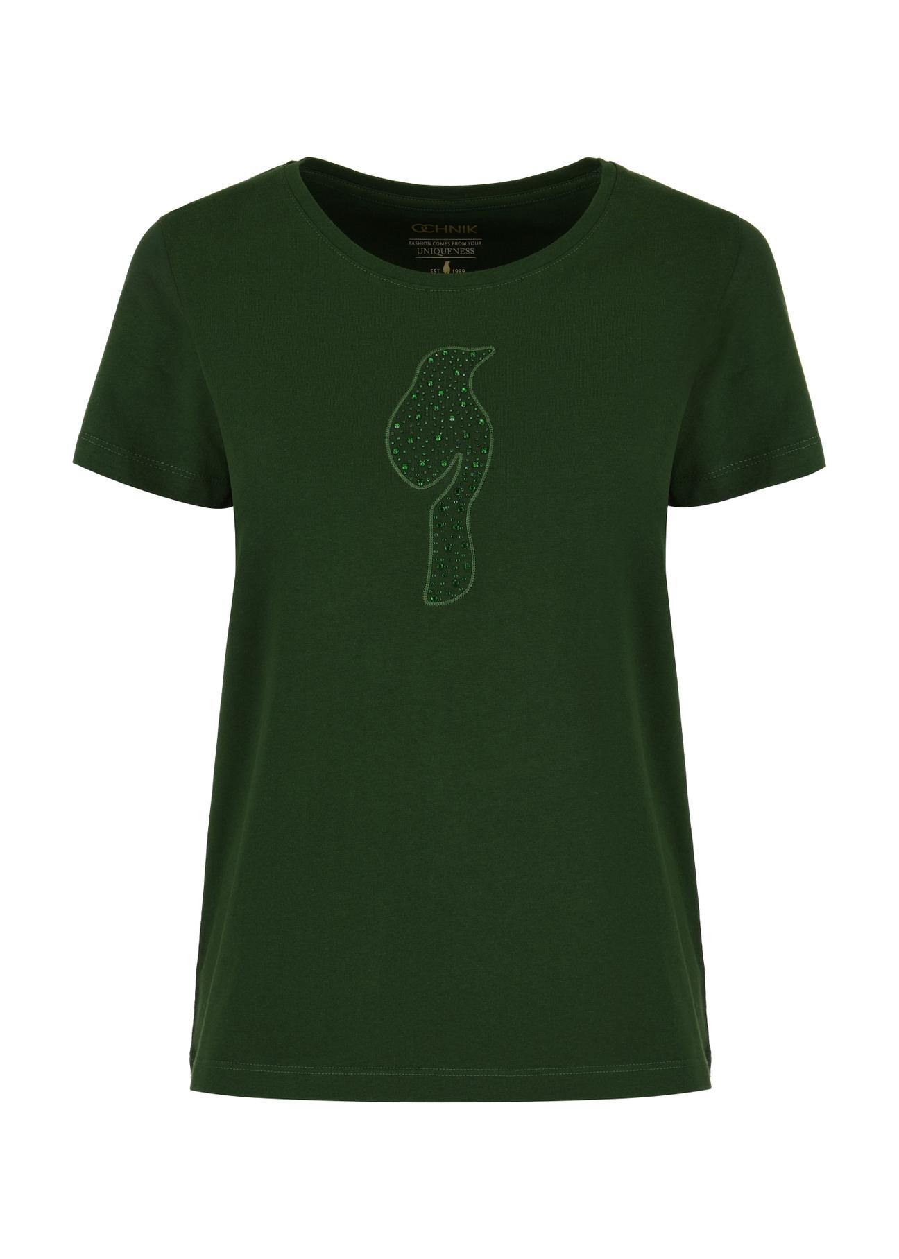 T-shirt damski zielony z ozdobną wilgą TSHDT-0123-55(W24)