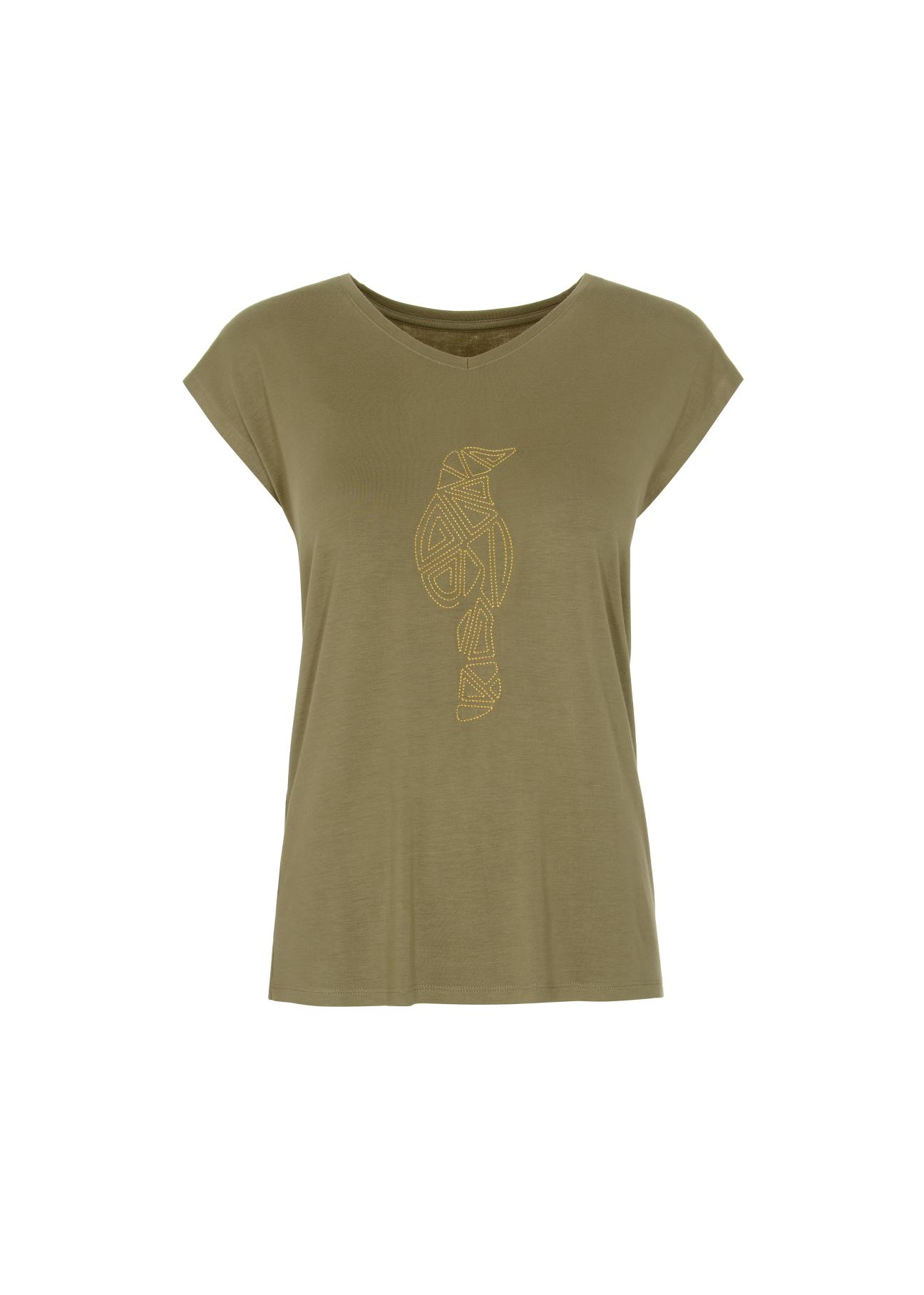 Oliwkowy T-shirt damski z aplikacją TSHDT-0066-55(W22)