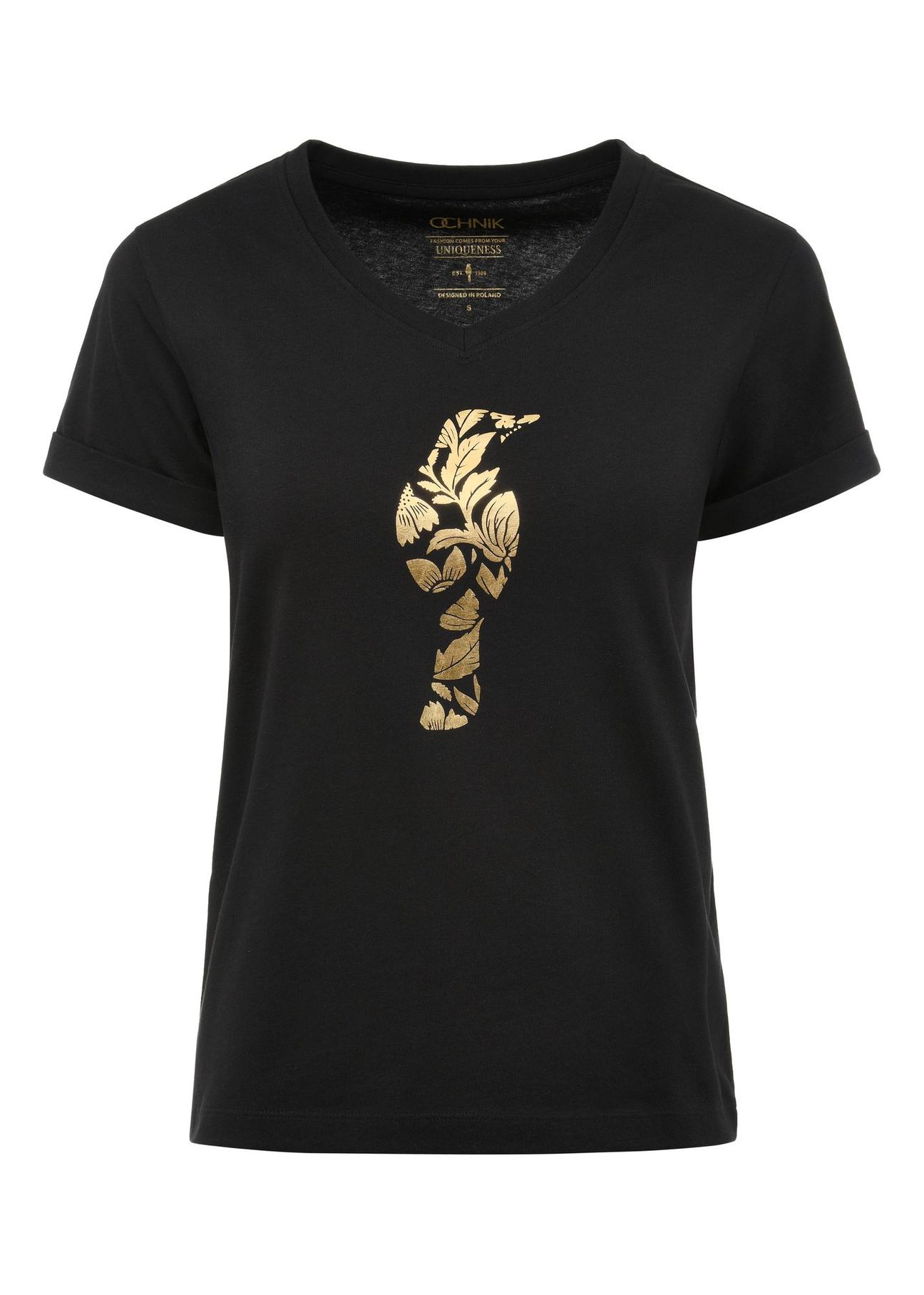 Black women's t-shirt with decorative oriole TSHDT-0131-99(Z24)-01