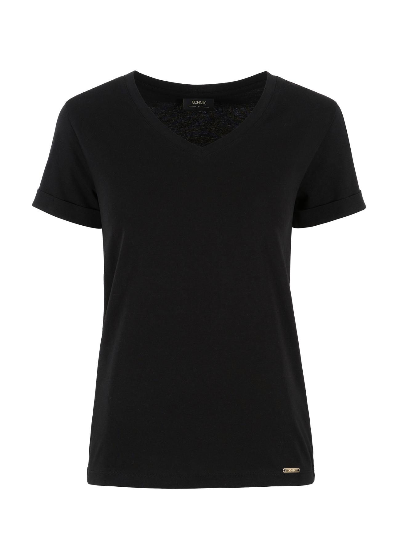 Czarny T-shirt damski w serek TSHDT-0118-99(W24)