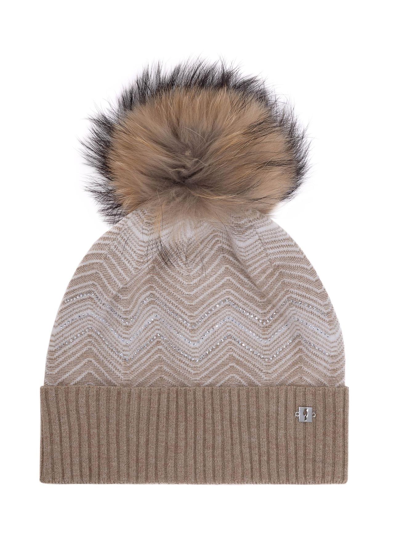 Beige women's winter hat with zircons CZADT-0187-81(Z24)-01