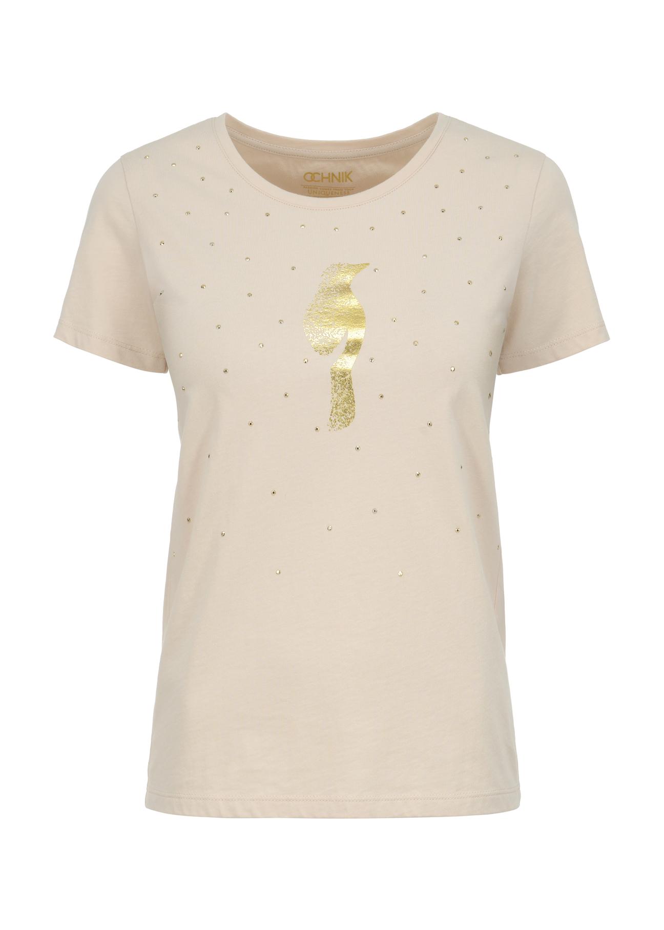 Beżowy T-shirt damski ze złotym logo TSHDT-0110-81(W23)