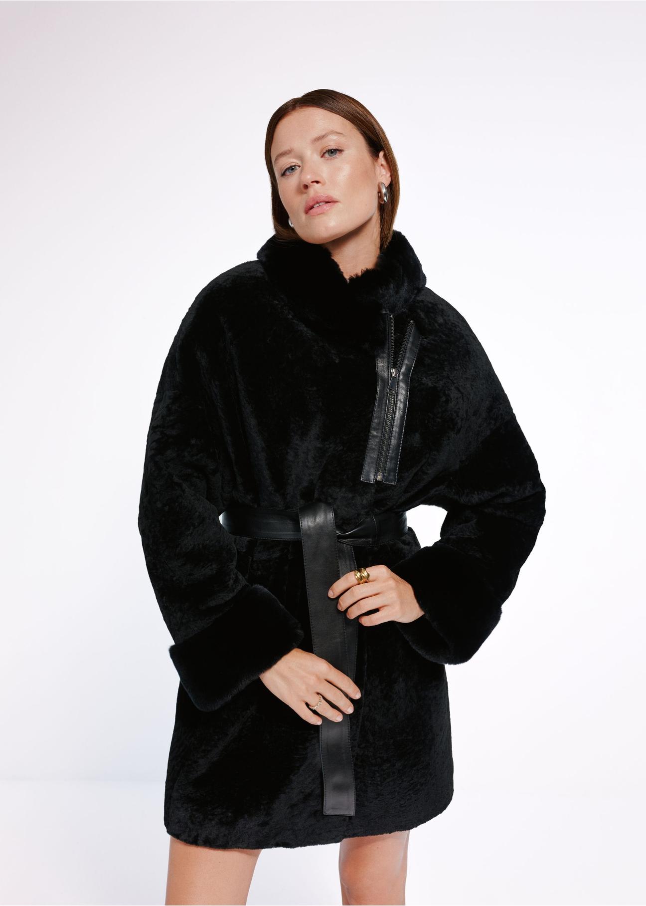 Black leather women's sheepskin coat KOZDS-0079-3175(Z24)-01