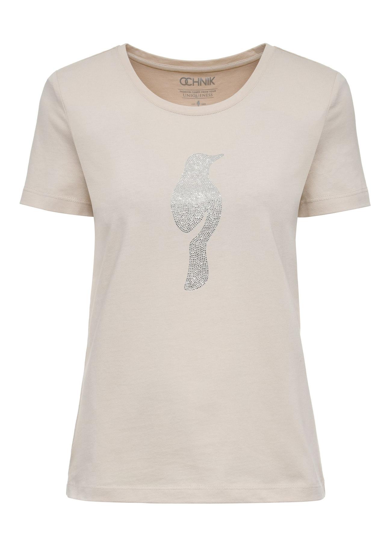 Beige women's t-shirt with decorative oriole TSHDT-0130-80(Z24)