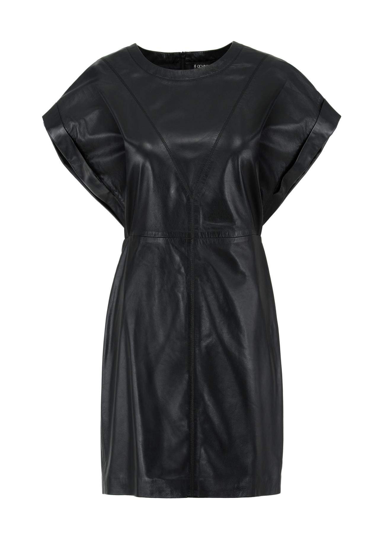Czarna skórzana taliowana sukienka SUKDS-0048-1298(W24)