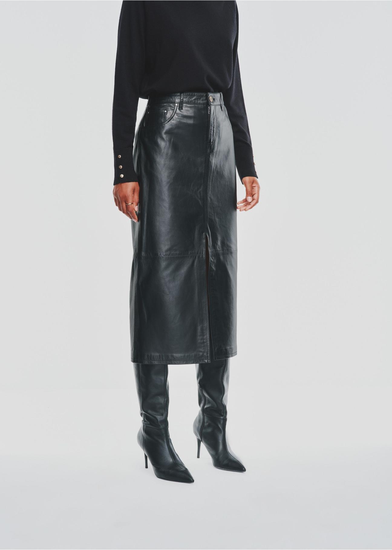 Black leather midi skirt SPCDS-0071-5344(Z24)-02