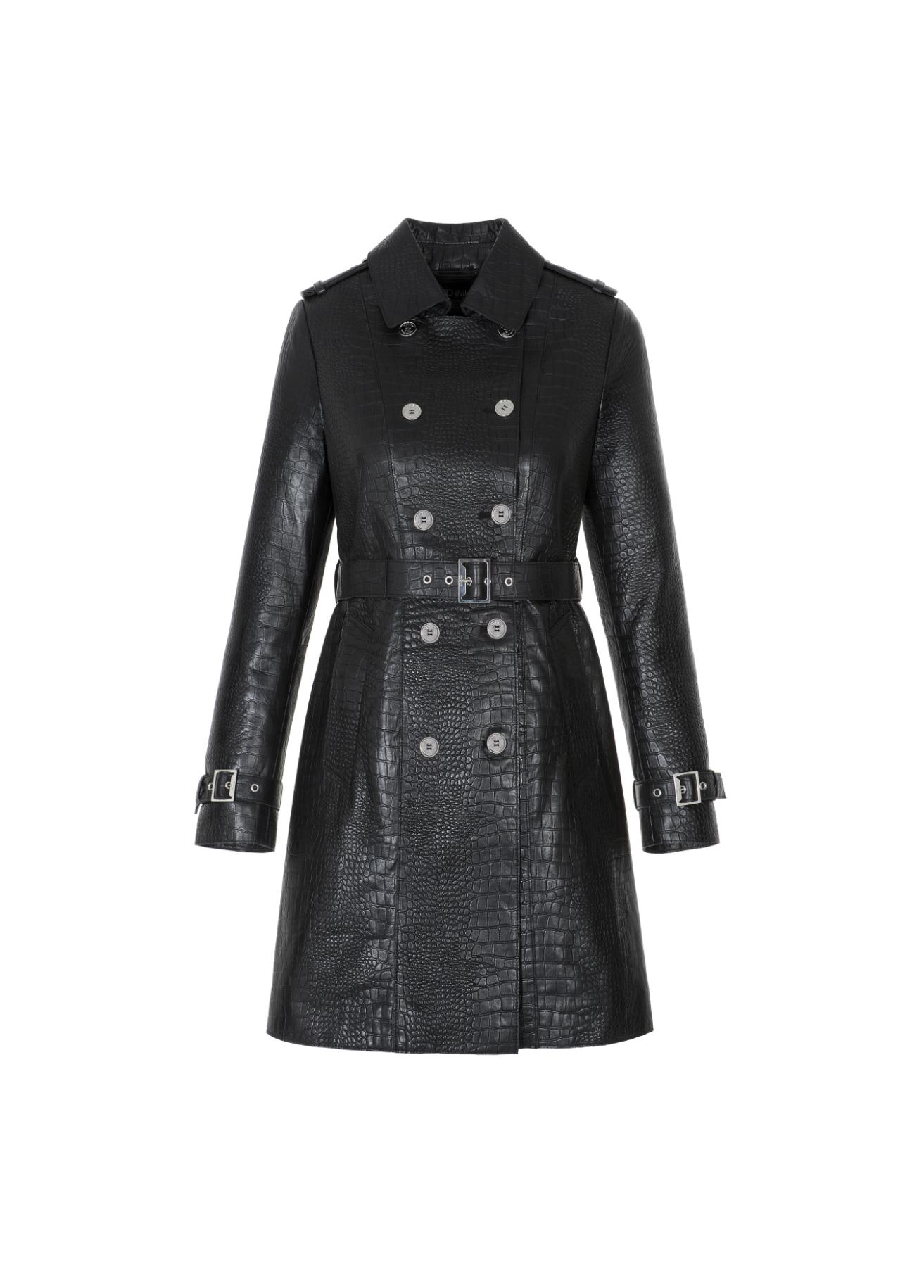 Czarny skórzany płaszcz damski KURDS-0332-1155(W22)