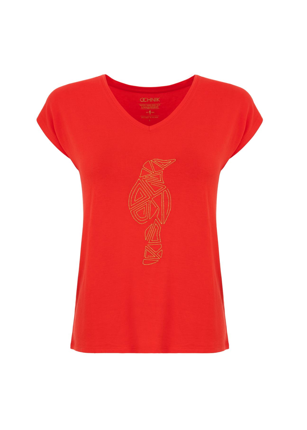 Czerwony T-shirt damski z aplikacją TSHDT-0066-42(W21)
