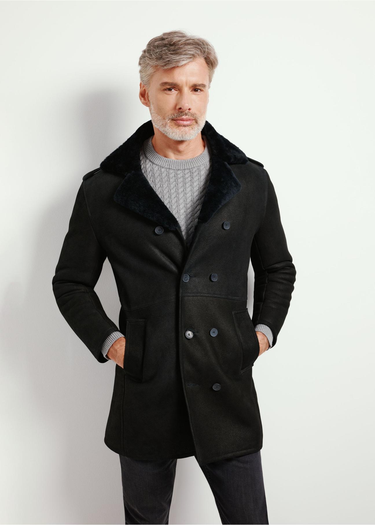 Black men's leather sheepskin coat KOZMS-0015-1163(Z24)