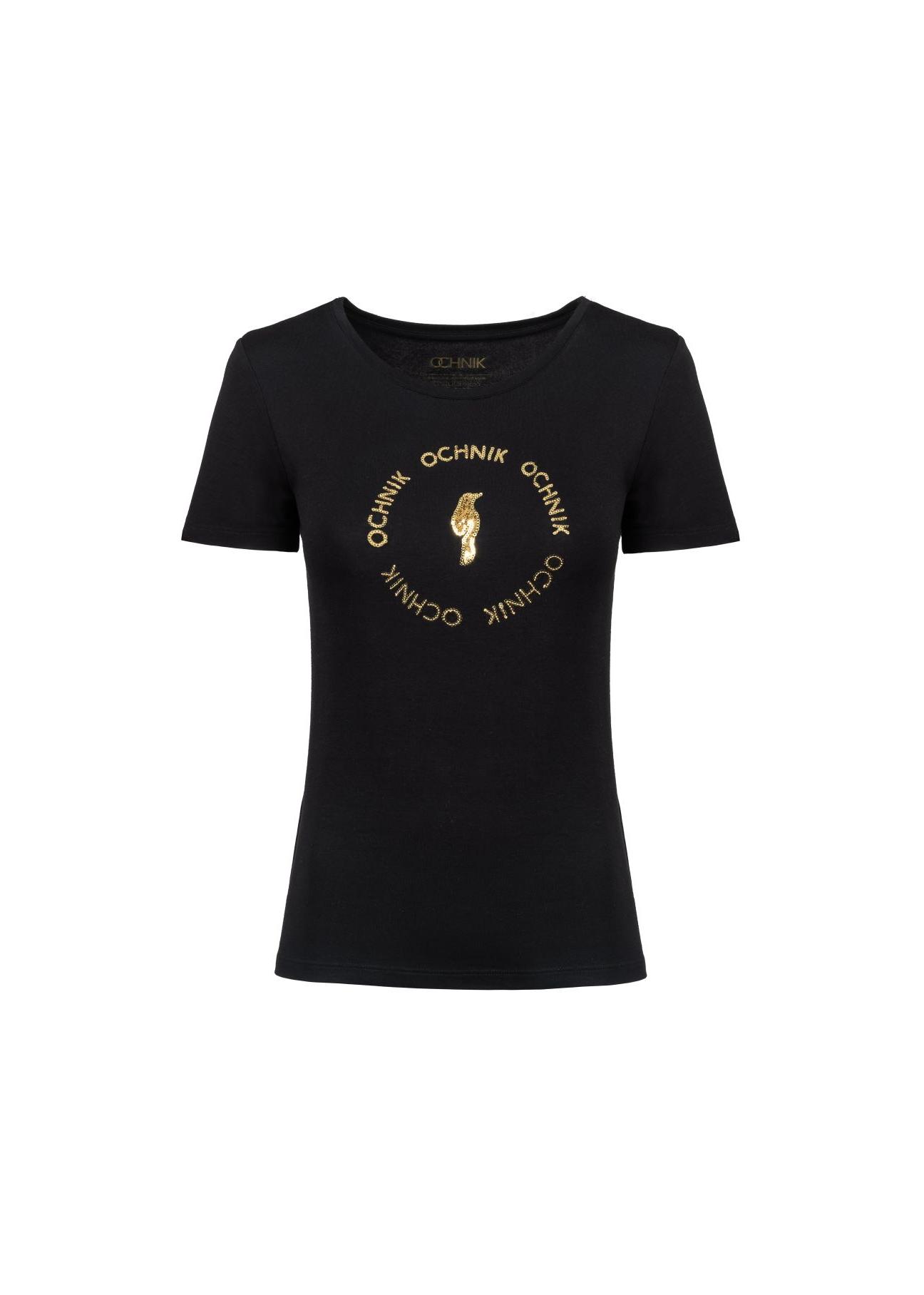 Czarny T-shirt damski z aplikacją TSHDT-0071A-99(Z23)