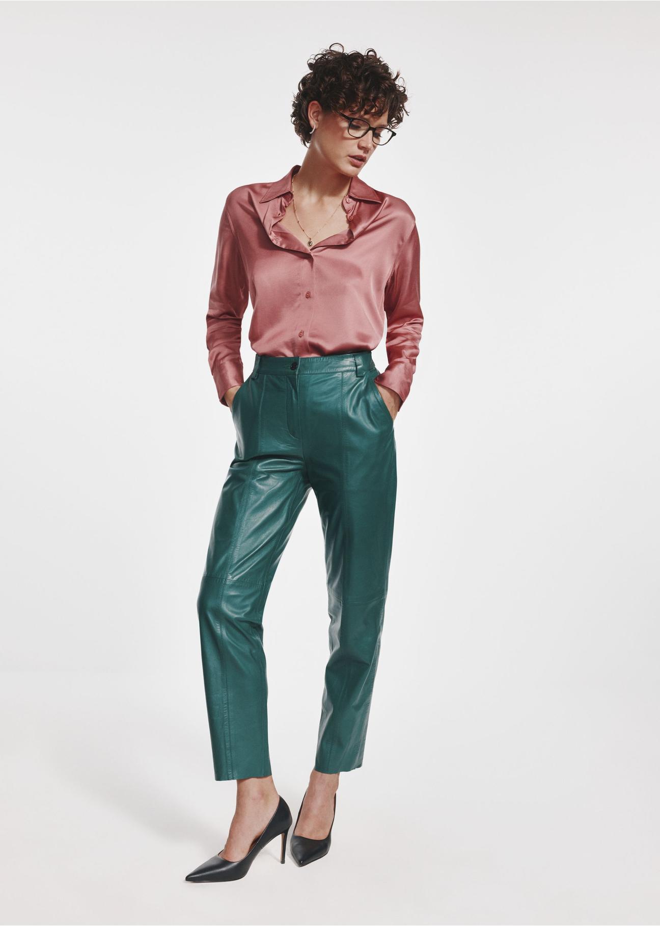 Green women's leather pants SPODS-0039-5327(Z24)-01