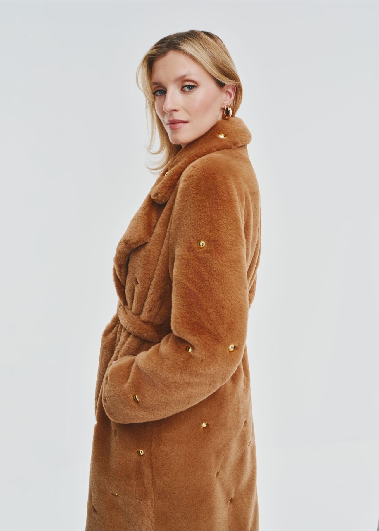 Long women's fur coat in camel color FUTDP-0054-24(Z24)-04