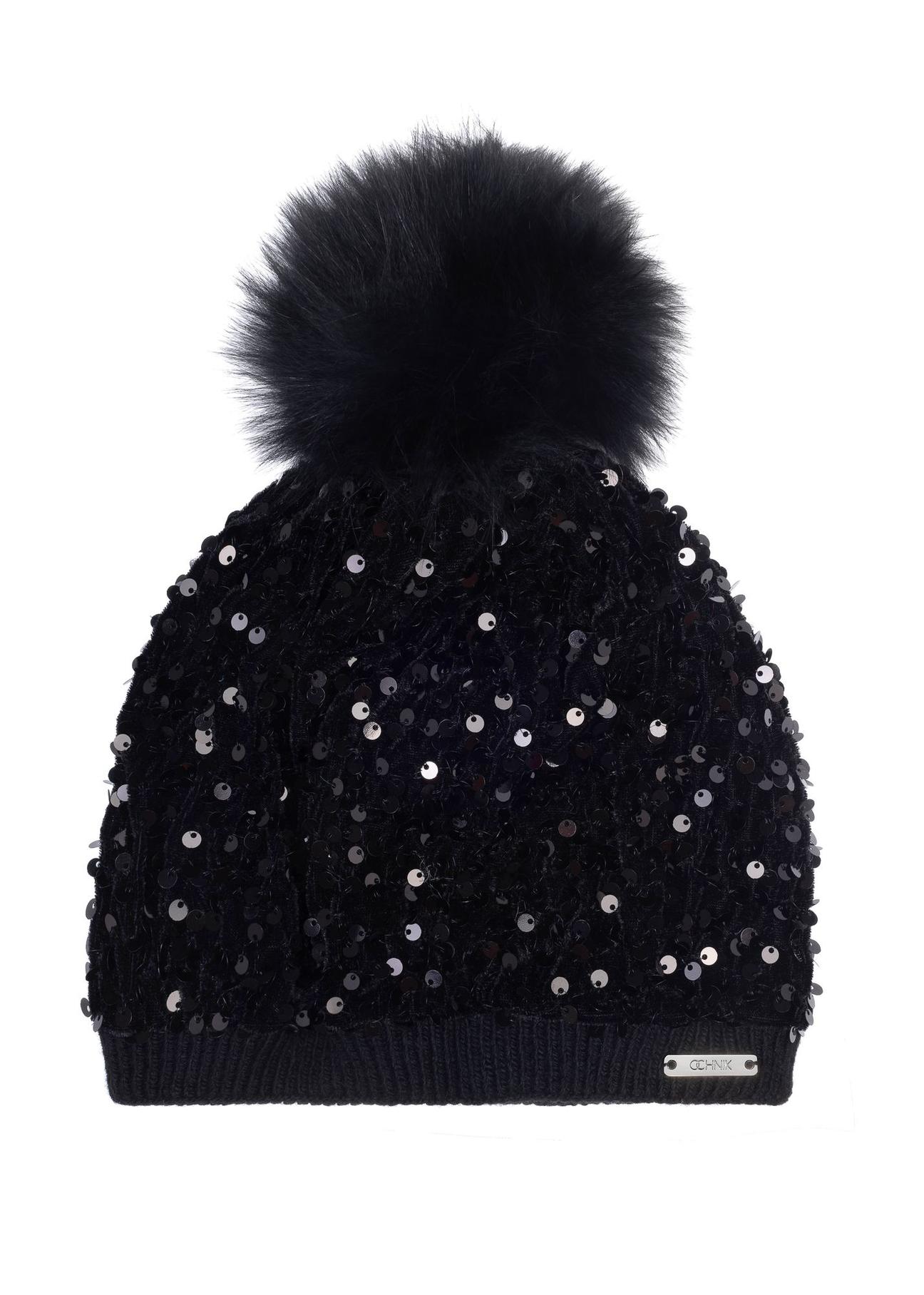 Black women's winter hat with sequins CZADT-0152A-99(Z24)