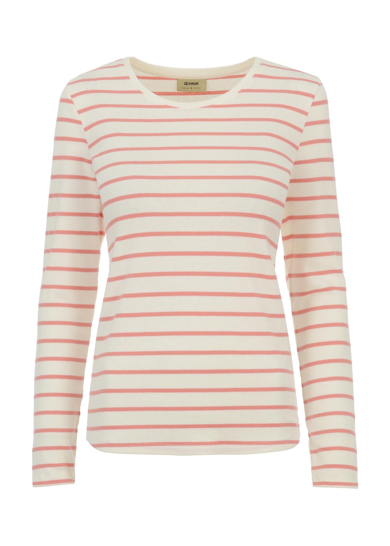 Kremowa bluzka damska w różowe paski LSLDT-0025-34(W23)