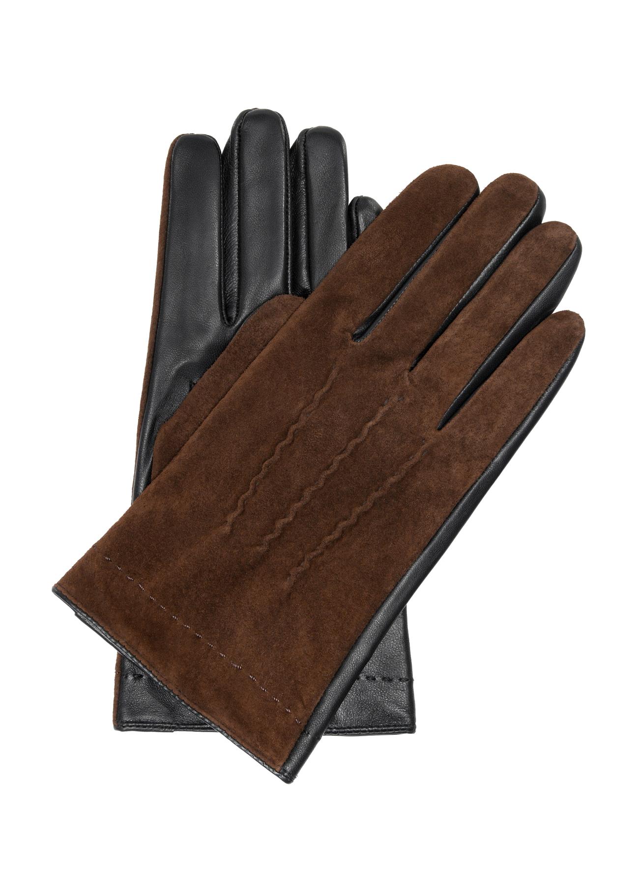 Brązowe ocieplane skórzane rękawiczki męskie REKMS-0075-89(Z23)