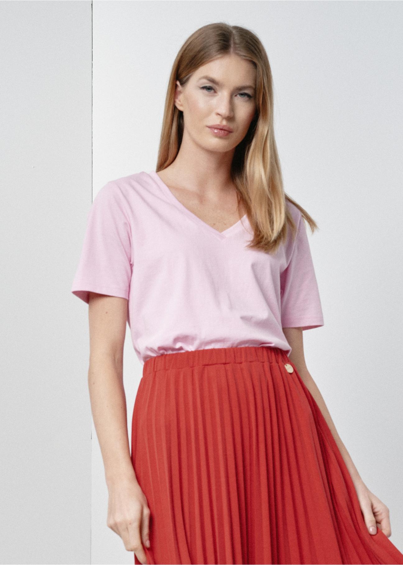 Różowy T-shirt damski basic TSHDT-0120-34(W24)