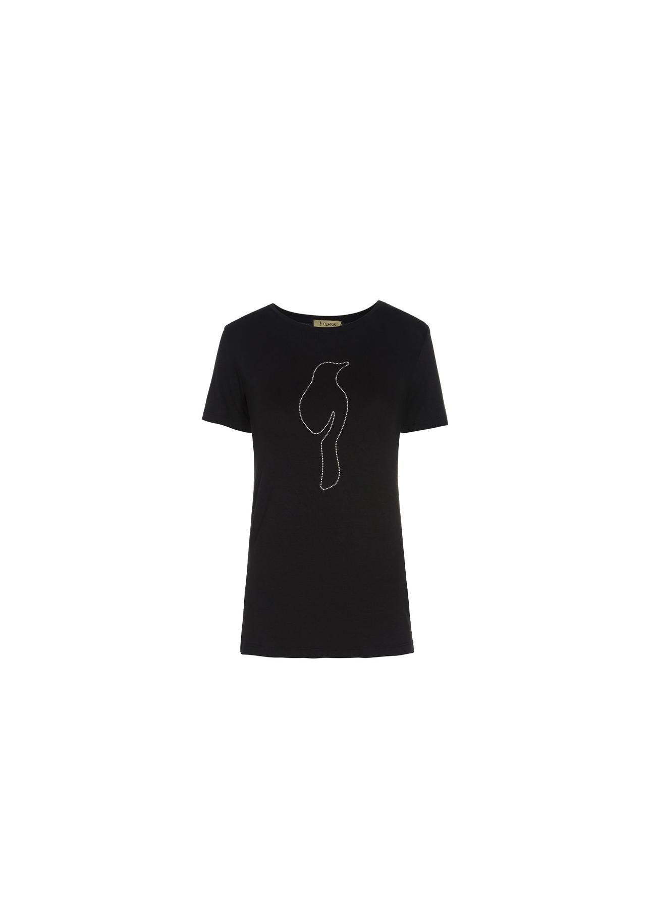 Czarny T-shirt damski z aplikacją TSHDT-0038-99(W19)