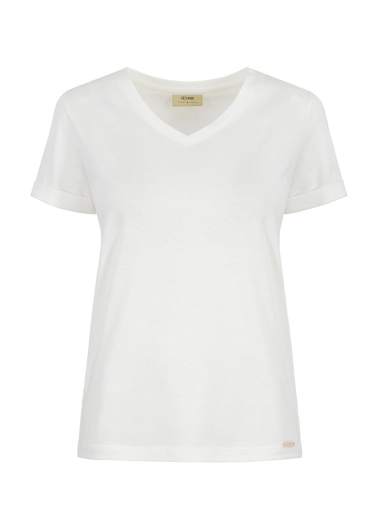 Kremowy T-shirt damski w serek TSHDT-0118-12(W24)