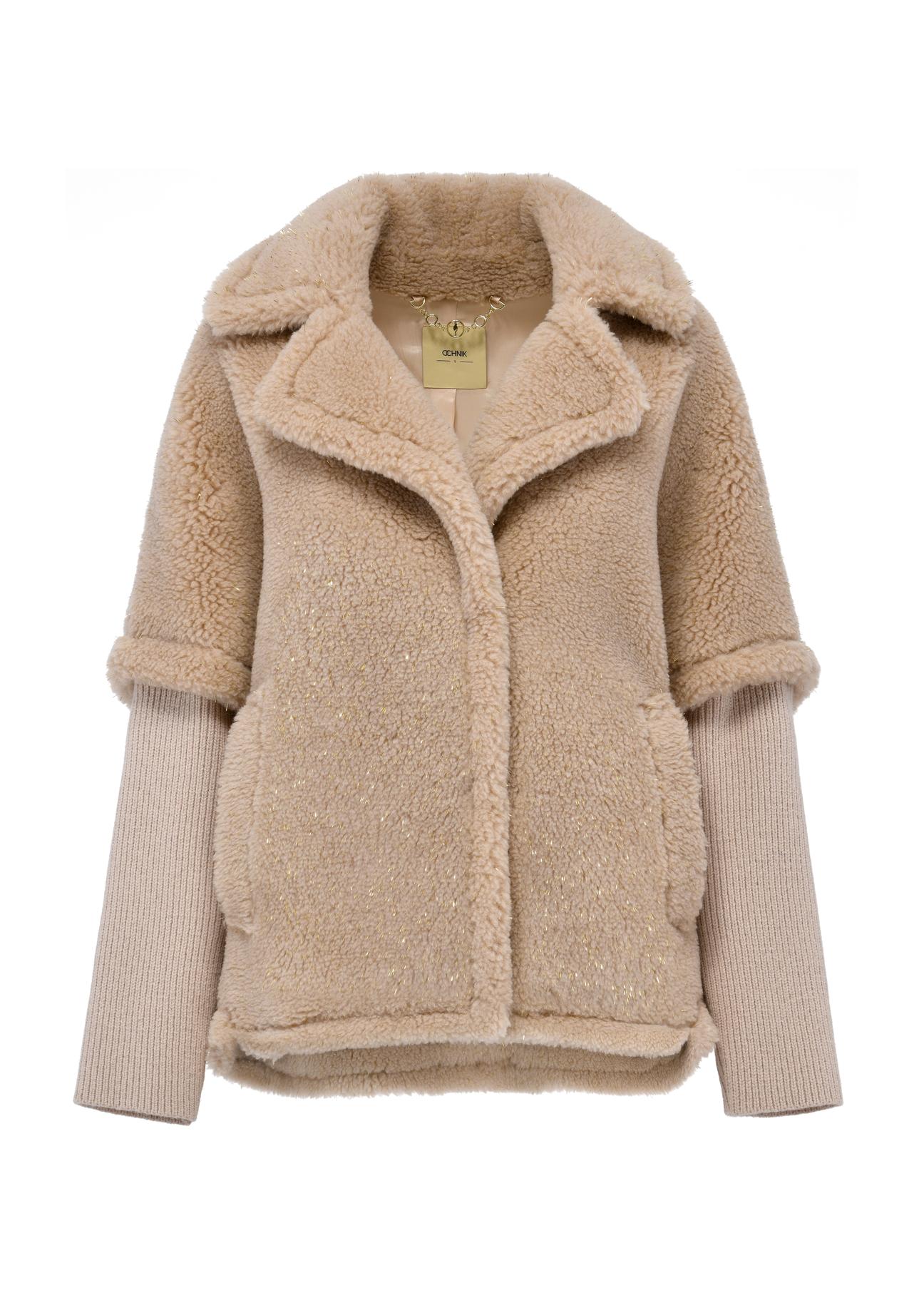 Beige woolen women's fur coat FUTDW-0026-81(Z24)-01