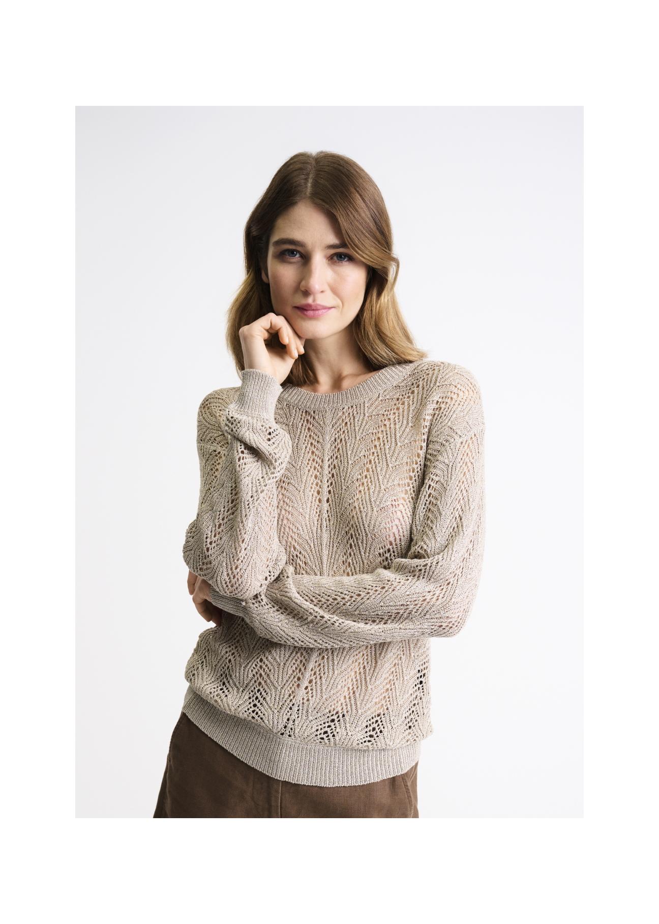 Beżowy ażurowy sweter damski SWEDT-0159-81(W22)-01