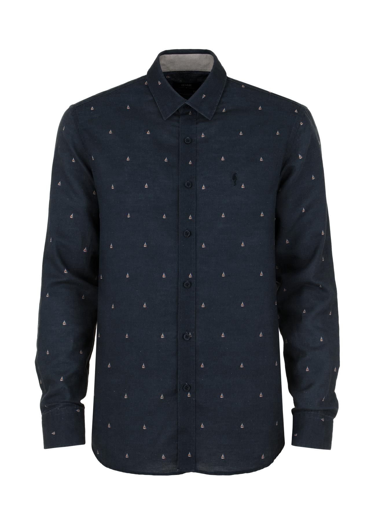 Navy blue shirt with sailboat pattern for men KOSMT-0320-69(W24)-05