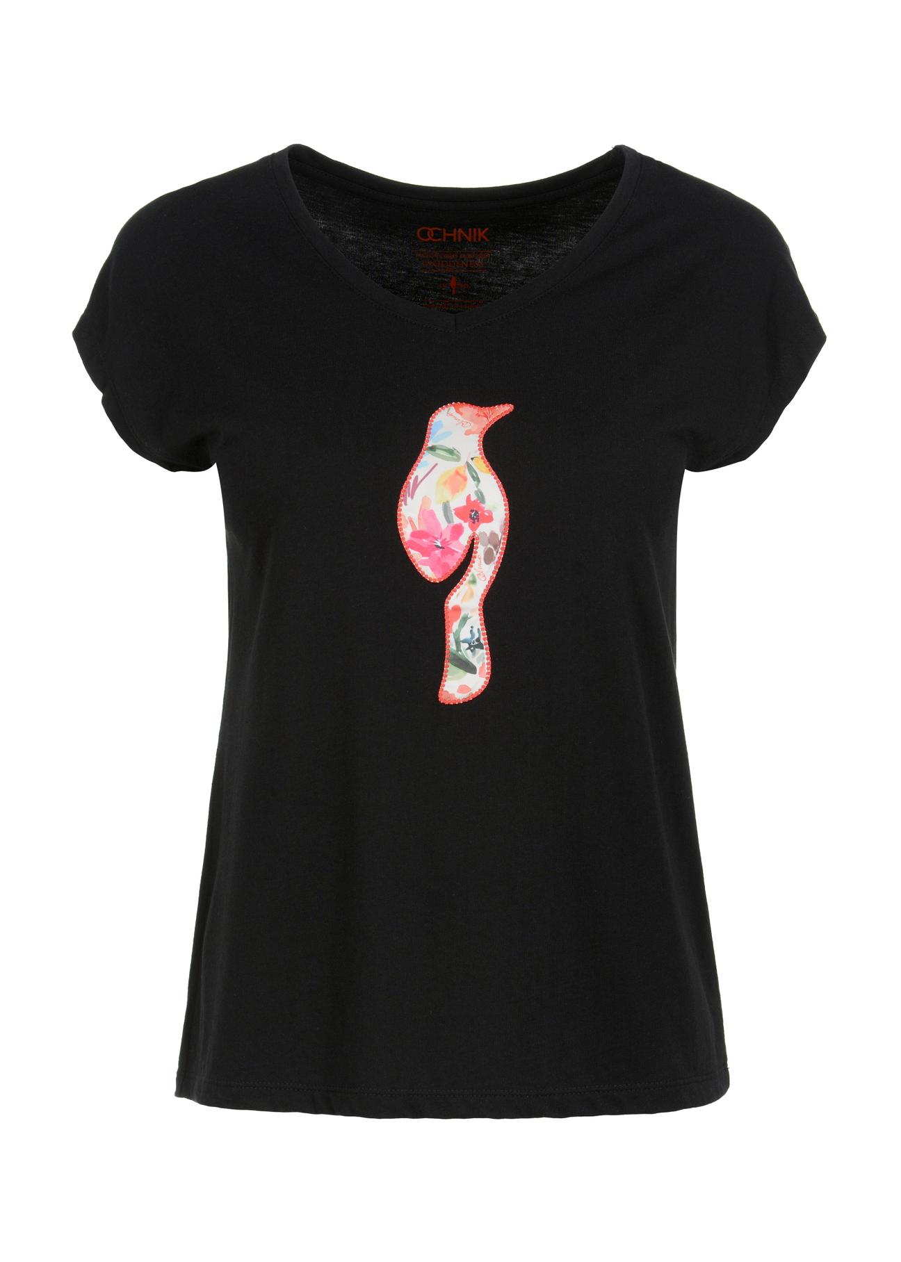 Czarny T-shirt damski z kwiatowym logo TSHDT-0106-99(W23)