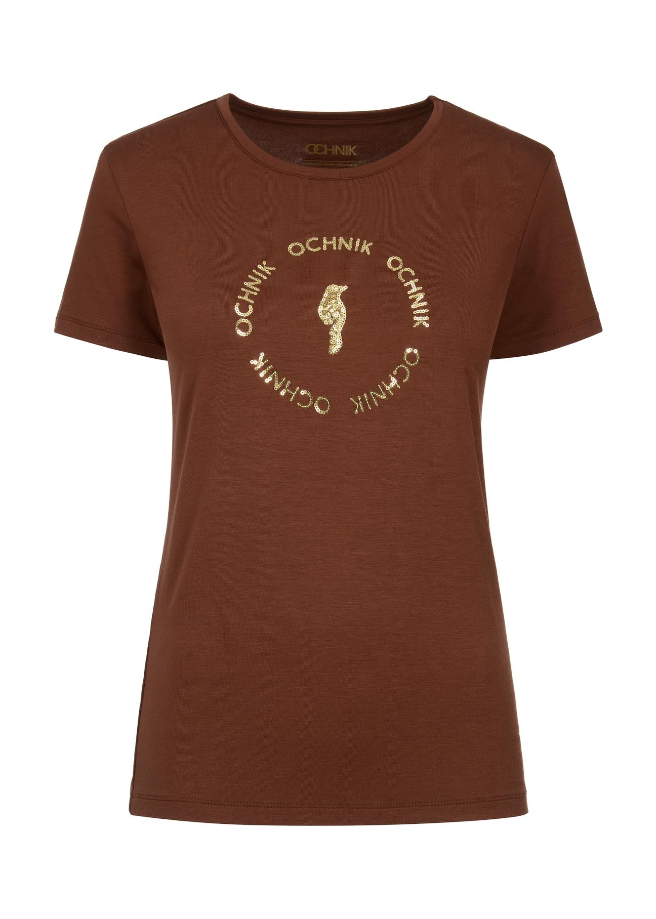 Brązowy T-shirt damski z aplikacją TSHDT-0071A-82(Z23)