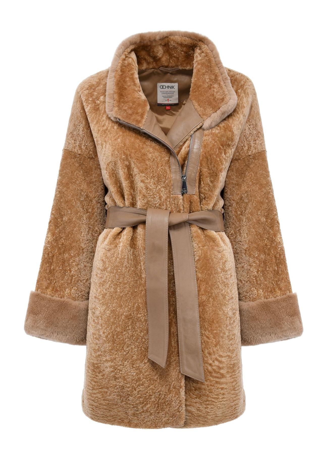 Beige women's leather sheepskin coat KOZDS-0079-3176(Z24)-01