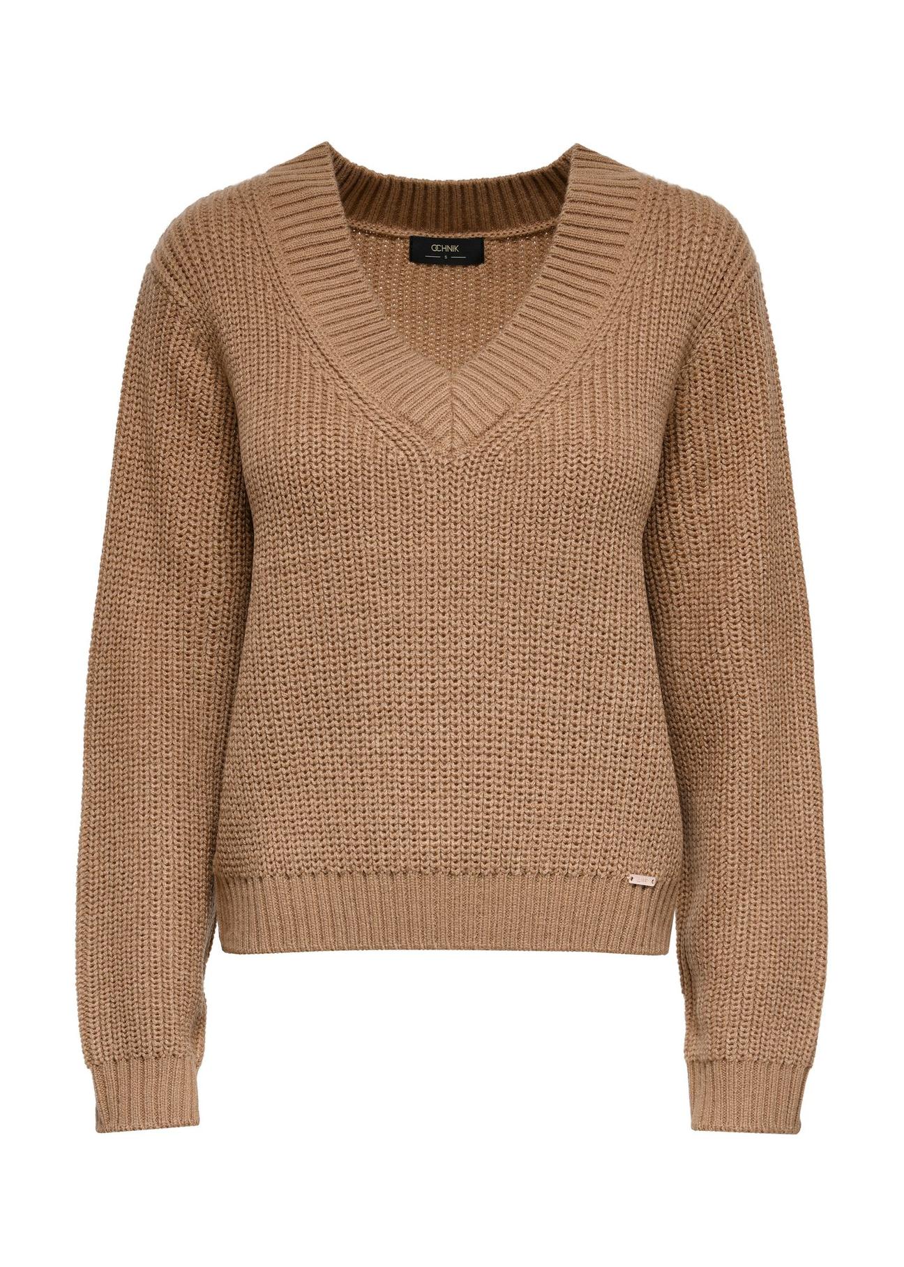 Camelowy sweter dekolt V damski SWEDT-0162-83(Z24)-03