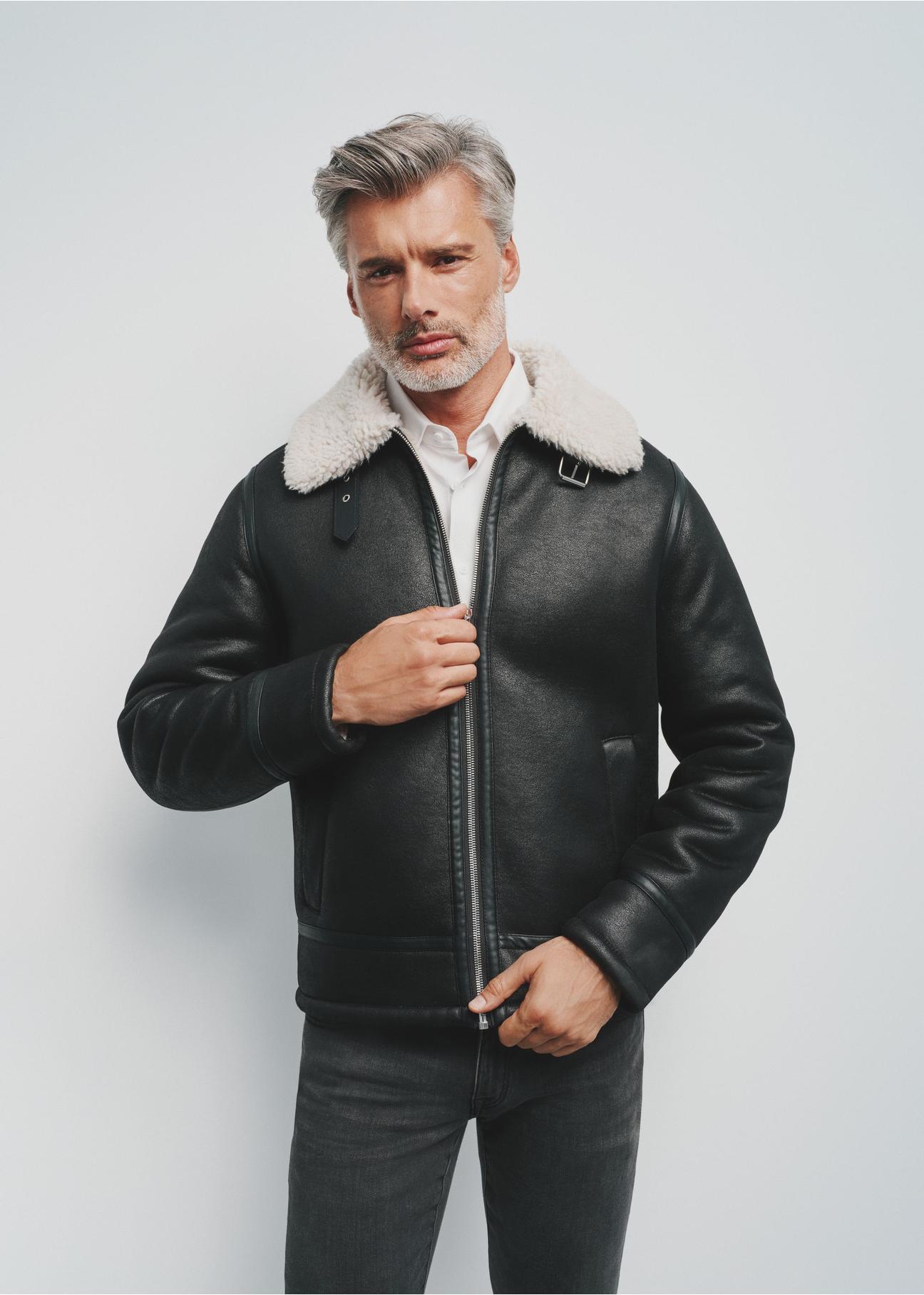 Black short men's sheepskin coat KOZMP-0003-99(Z24)-01