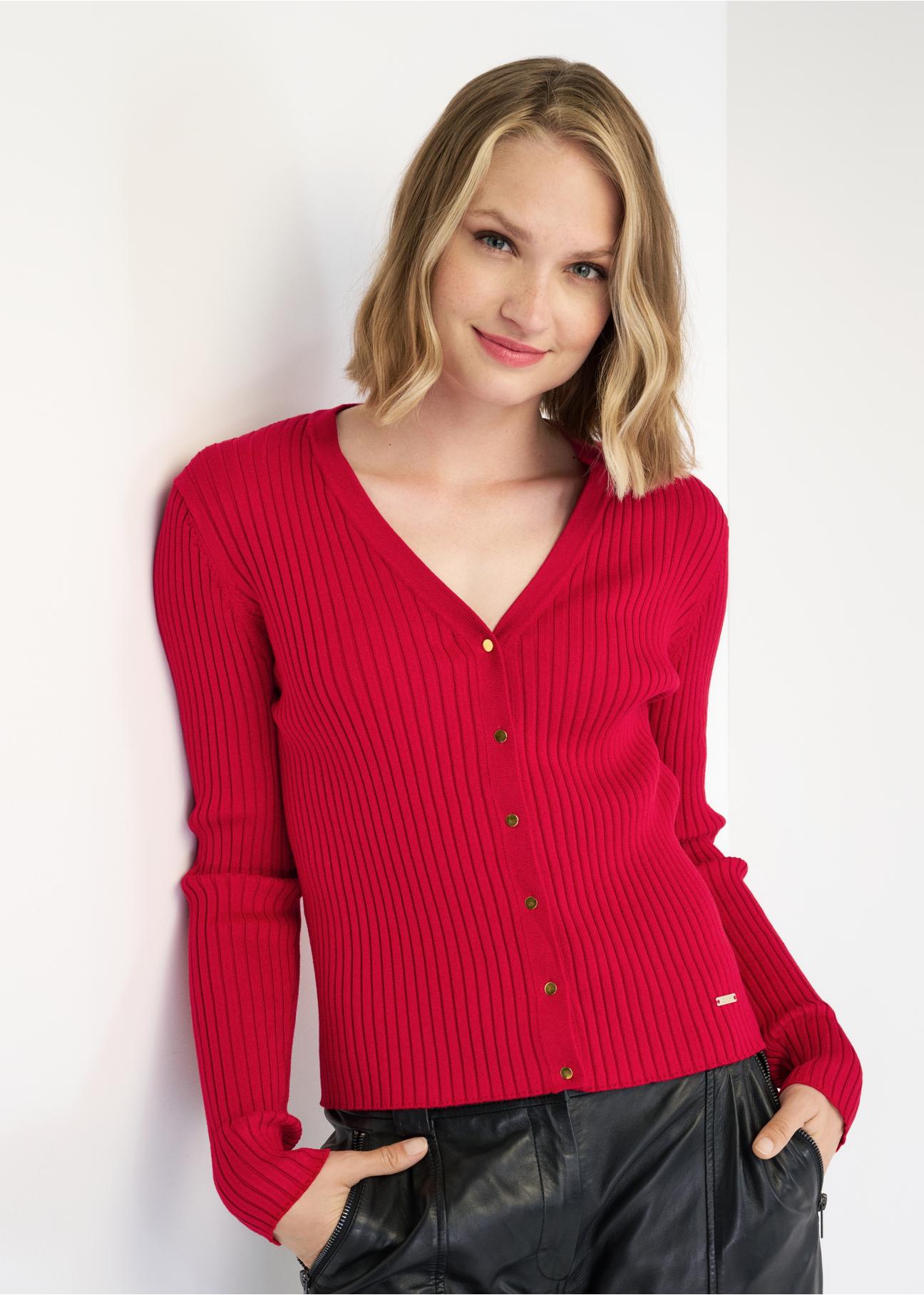 Czerwona bluzka V dekolt damska LSLDT-0029-42(Z22)-01