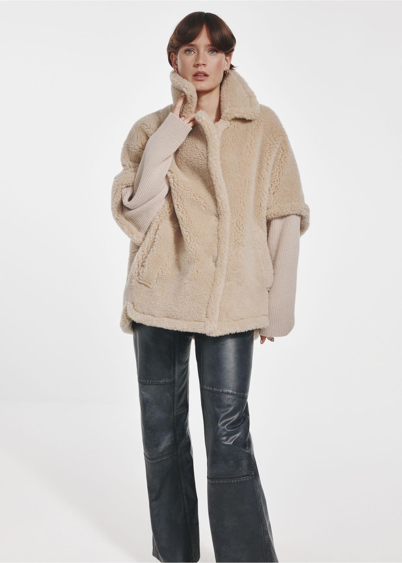 Beige woolen women's fur coat FUTDW-0026-81(Z24)-03